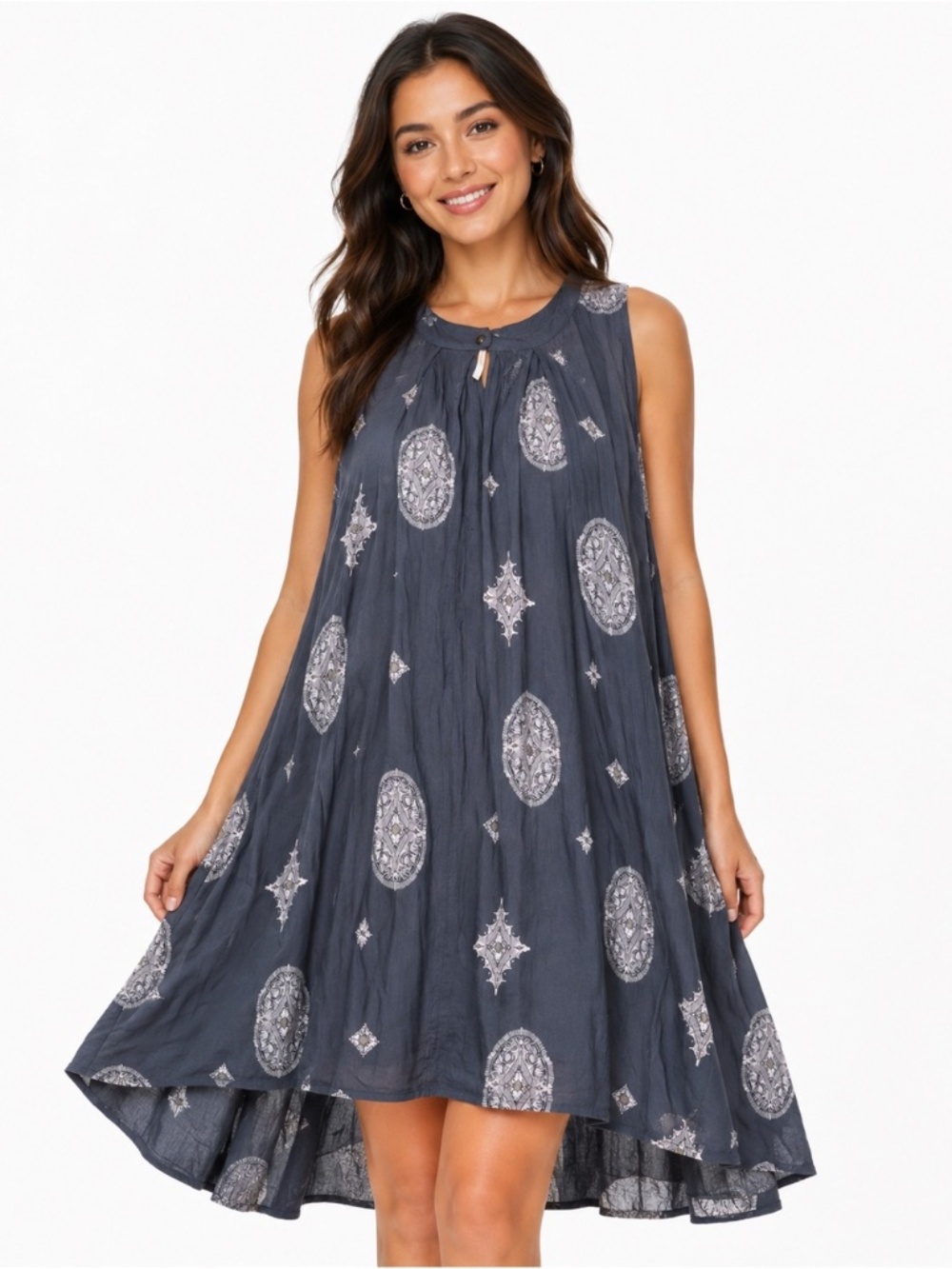 Free People Blue Crinkle Medallion Print Sleeveless Tunic Mini Dress Size M
